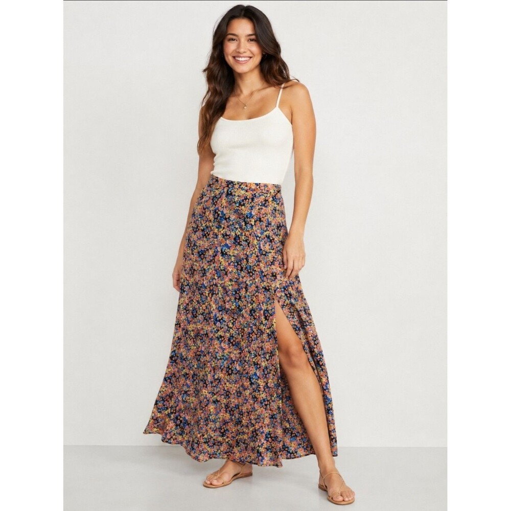 Decree Women's Maxi Skirt Multicolored Floral Lined Side Slit Zip Up Size L